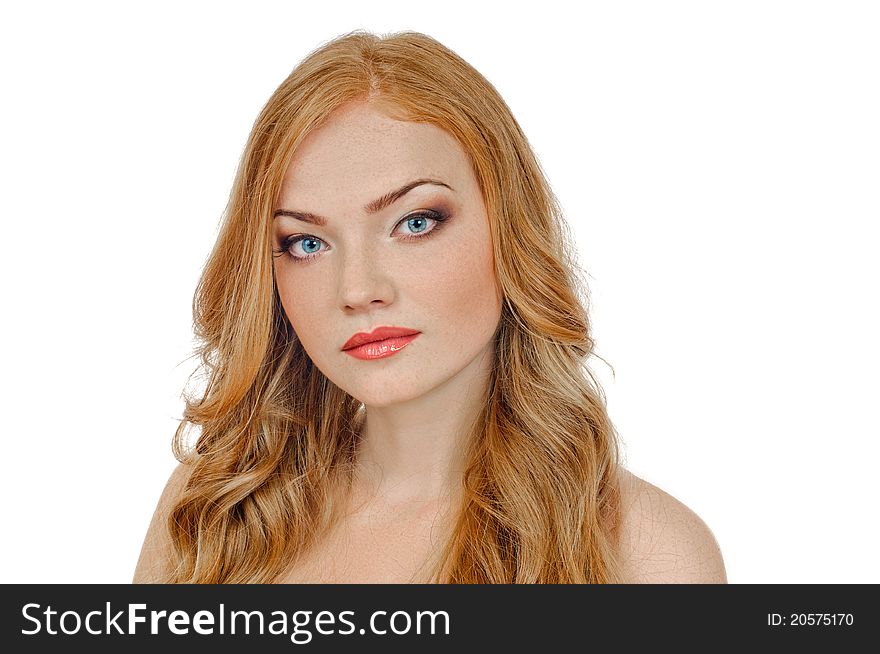 Portrait of redheaded beautiful girl on white. Portrait of redheaded beautiful girl on white