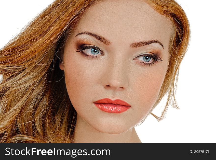 Portrait of redheaded beautiful girl on white. Portrait of redheaded beautiful girl on white