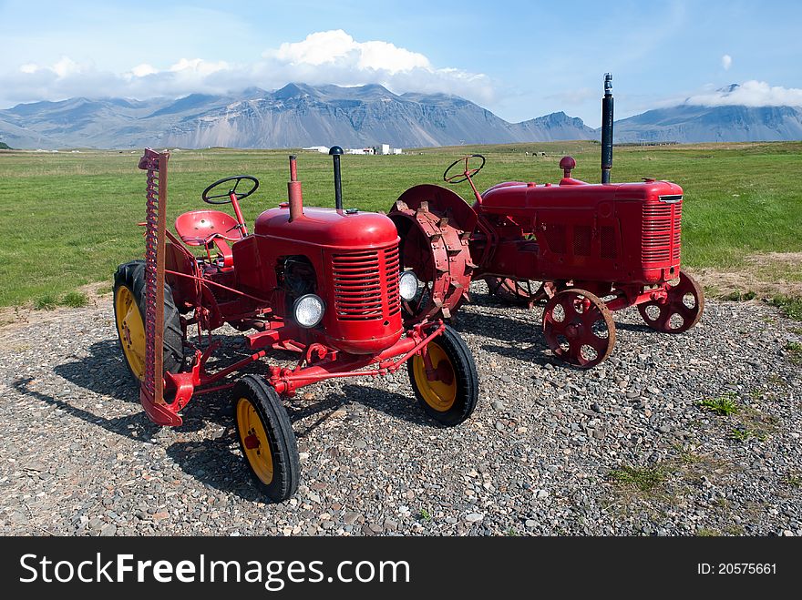 Red tractors for agriculture in Iceland. Red tractors for agriculture in Iceland