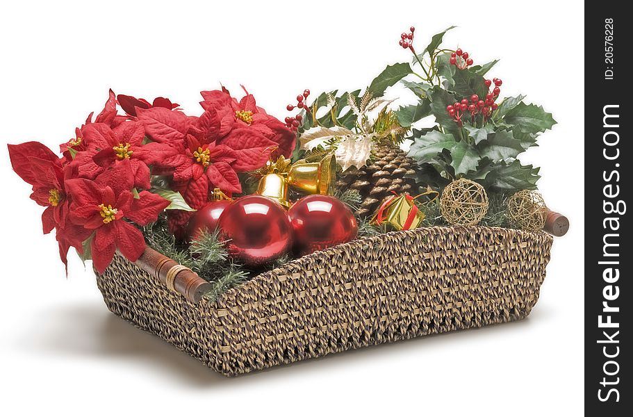 Wicker basket with Christmas decoration. Wicker basket with Christmas decoration