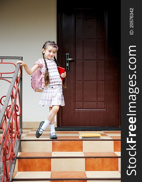 Young Girl With Pink Bagpack Ready For School