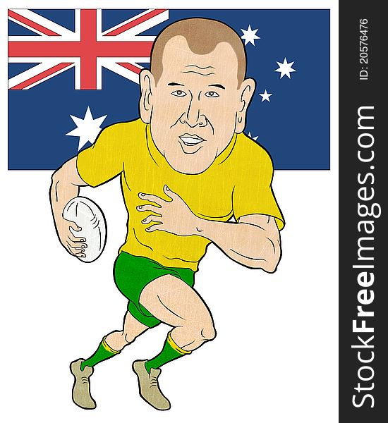 Cartoon illustration of a Rugby player running with ball with Australia flag isolated on white background. Cartoon illustration of a Rugby player running with ball with Australia flag isolated on white background