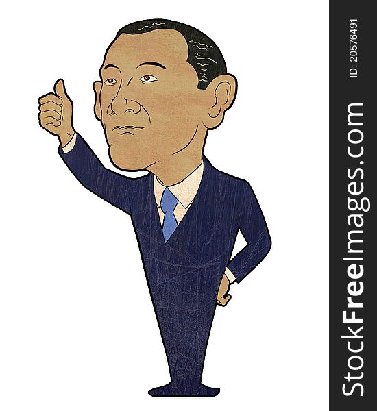 Cartoon illustration of an african american businessman thumbs up wearing suit and tie standing front isolated on white
