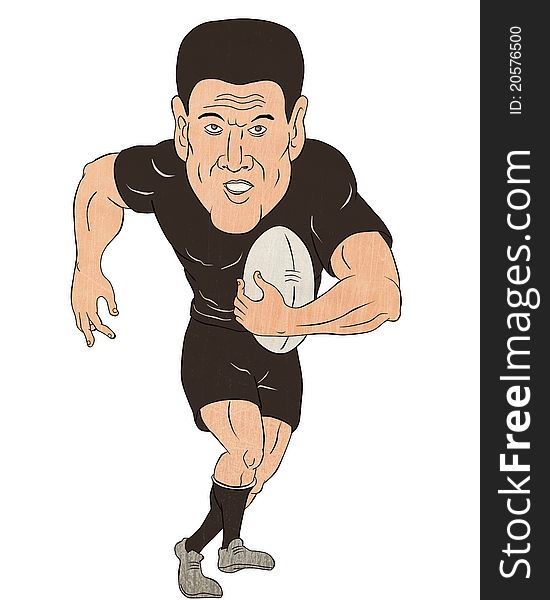 Cartoon illustration of a Rugby player running with ball isolated on white background