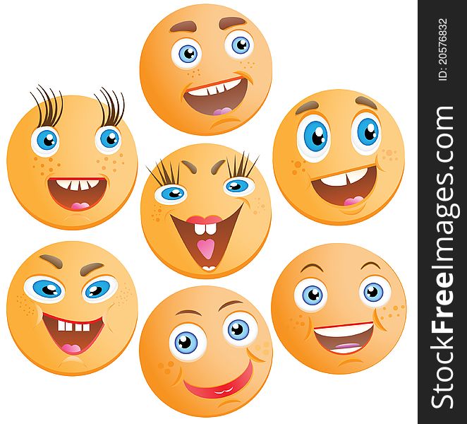 Seven cheerful smilies. Vector illustration