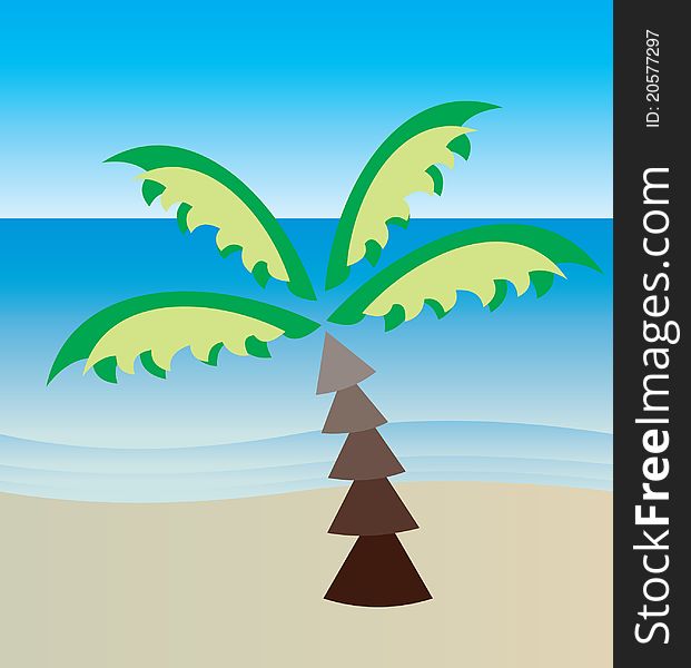 A  illustration of a palm tree on the beach, may be used for cards or touristic prospects