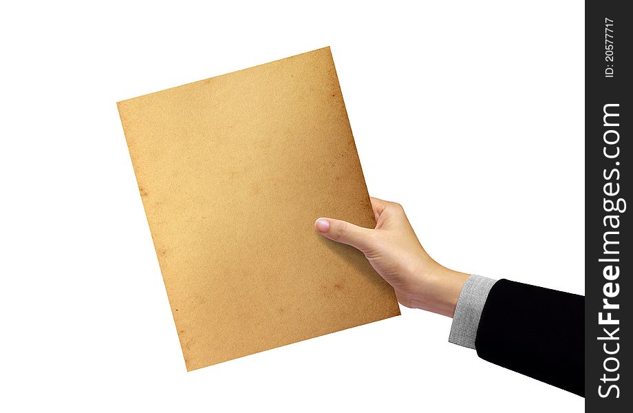 Old paper in hand, businesswoman on white background