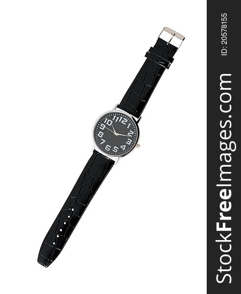Modern wristwatch with black clock face on white background. Isolated with clipping path. Modern wristwatch with black clock face on white background. Isolated with clipping path