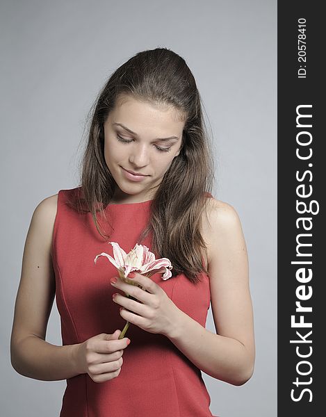 White female studying beautiful lily flower. White female studying beautiful lily flower