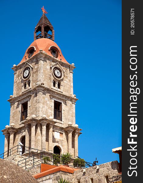 Old clock tower in Rhodes City, Greece