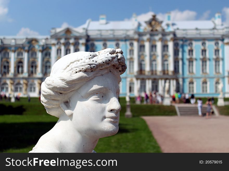 A head of a statue in front of a Catherine's palace in Pushkin village near St Petersburg, Russia. A head of a statue in front of a Catherine's palace in Pushkin village near St Petersburg, Russia