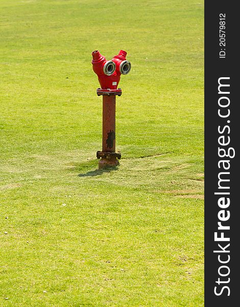 Red fireplug on grass field