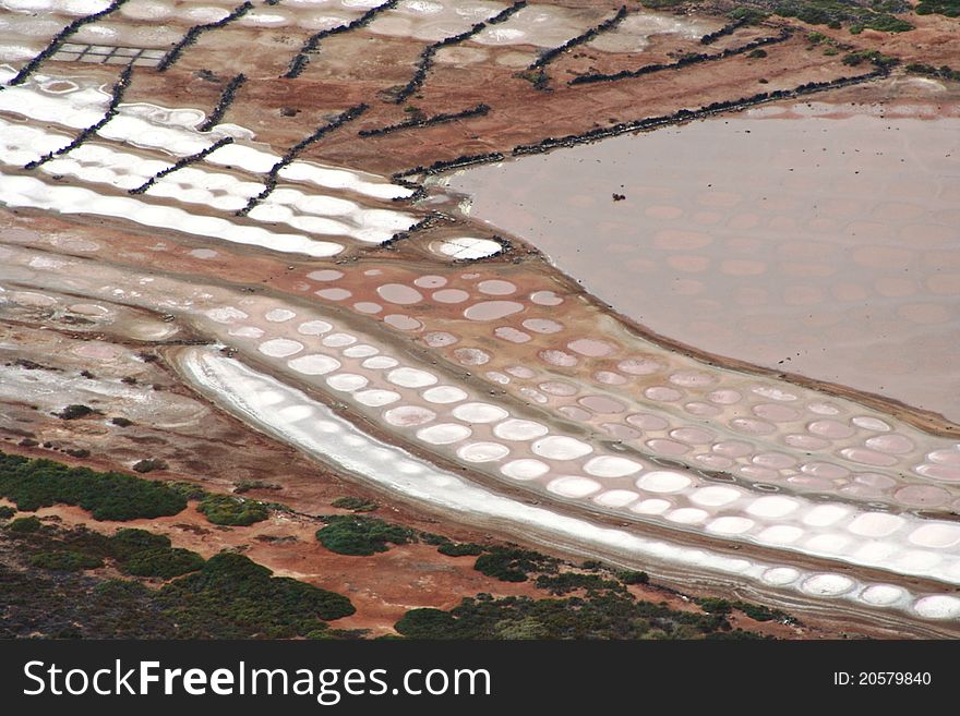 Panoramic view of salt works Lanzarote, Canary Islands.
