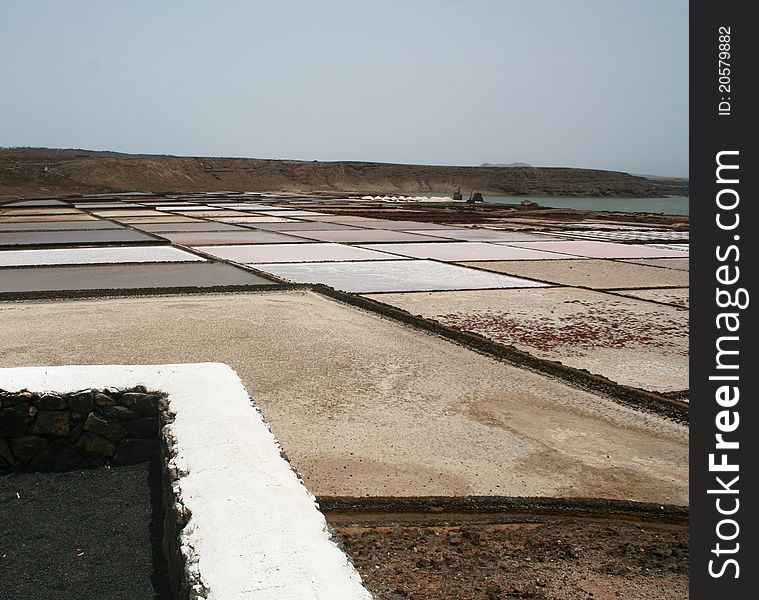Panoramic view of salt works in Lanzarote, Canary Islands.