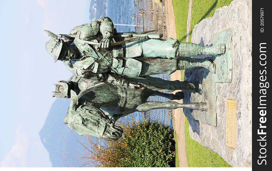 Close-up of World War I monument dedicated to all Italian soldiers dead during this conflict. This monument is located in Stresa, Italy. Close-up of World War I monument dedicated to all Italian soldiers dead during this conflict. This monument is located in Stresa, Italy.