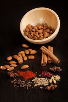 Almond And Mix Of The Spices Royalty Free Stock Photo Almond And Mix Of The Spices Royalty Free Stock Photo