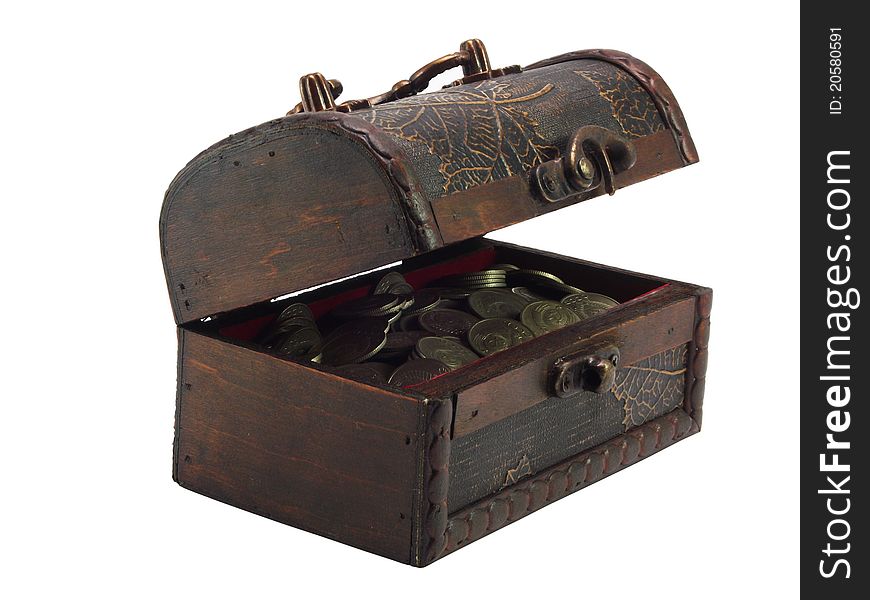 The antiquarian, wooden slightly opened chest with coins on a white background. The antiquarian, wooden slightly opened chest with coins on a white background