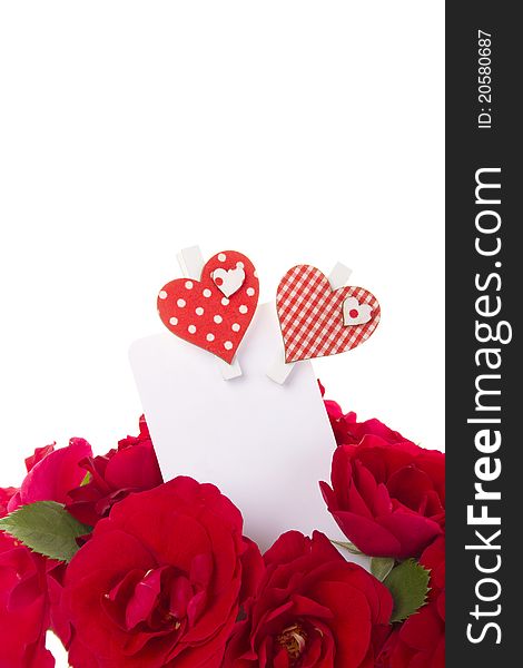 Bouquet of beautiful red roses with a blank gift card. Isolated