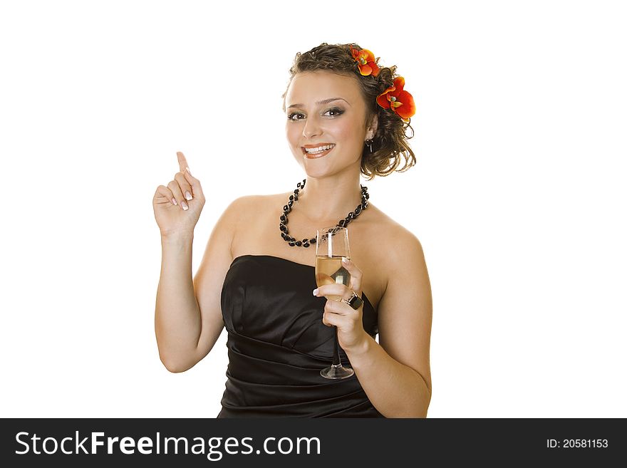 Close-up of a beautiful young girl with hair in an evening gown with champagne groceries. Isolated. Close-up of a beautiful young girl with hair in an evening gown with champagne groceries. Isolated