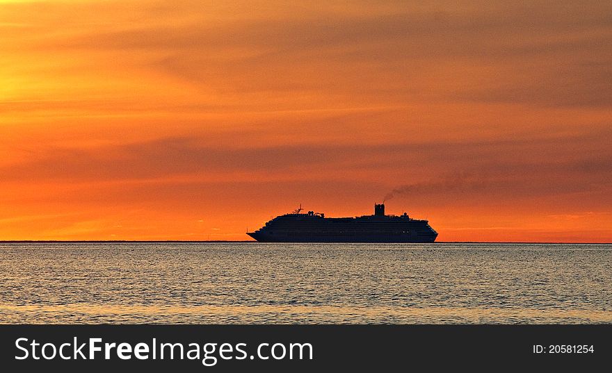 Ship And Sunset.