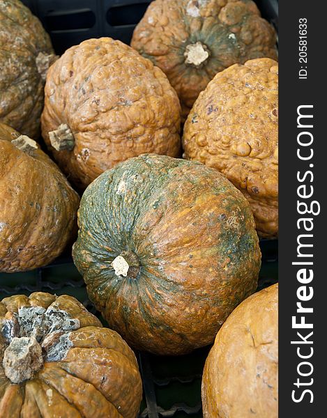 Pumpkins and squash on display in a market. Pumpkins and squash on display in a market