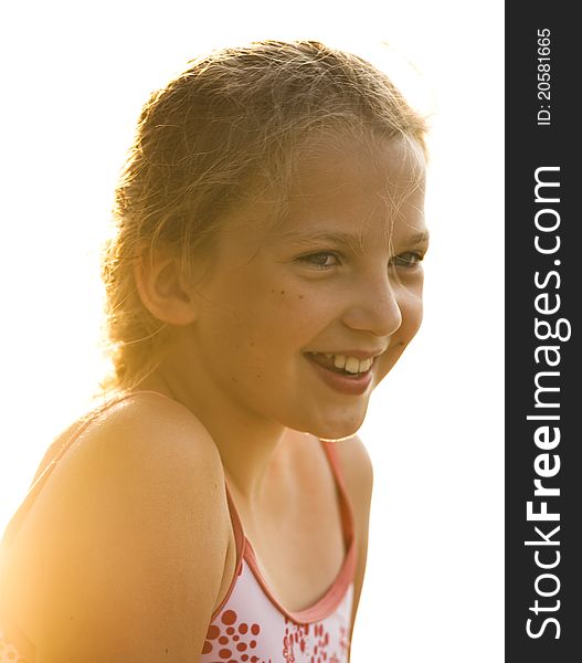 Beautiful young girl in swimsuit in the lake. Forest and boat in background. Beautiful young girl in swimsuit in the lake. Forest and boat in background