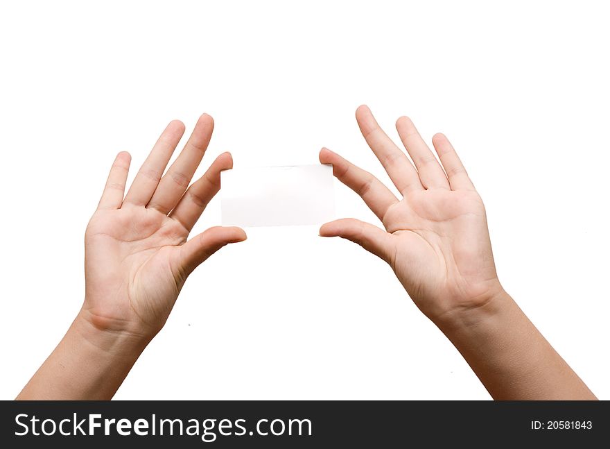 Female hand with a business card, isolated on the white background