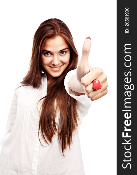 Portrait of young woman gesturing a thumbs up sign isolated on white. Portrait of young woman gesturing a thumbs up sign isolated on white