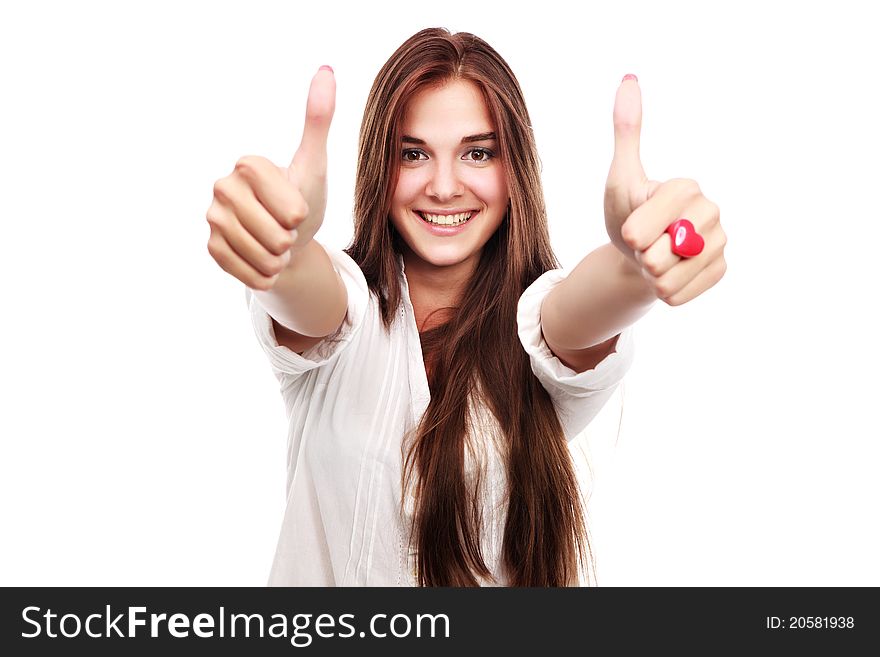 Portrait of young woman gesturing a thumbs up sign isolated on white. Portrait of young woman gesturing a thumbs up sign isolated on white