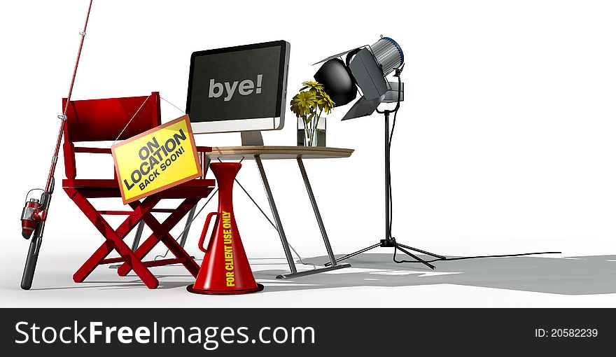 A work desk with a computer on it.  The desk is unoccupied, as indicated by the sign hanging from the chair, that the person has gone on vacation. A work desk with a computer on it.  The desk is unoccupied, as indicated by the sign hanging from the chair, that the person has gone on vacation.