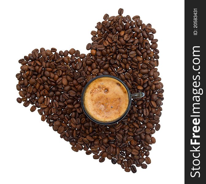 Cappuccino  and coffee beans on white background