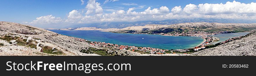 Panoramic view of a strip of land connecting two parts of the island of Pag, Croatia. Panoramic view of a strip of land connecting two parts of the island of Pag, Croatia