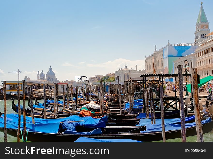 Parking of gondolas near Piazza San Marco in Venice, Italy