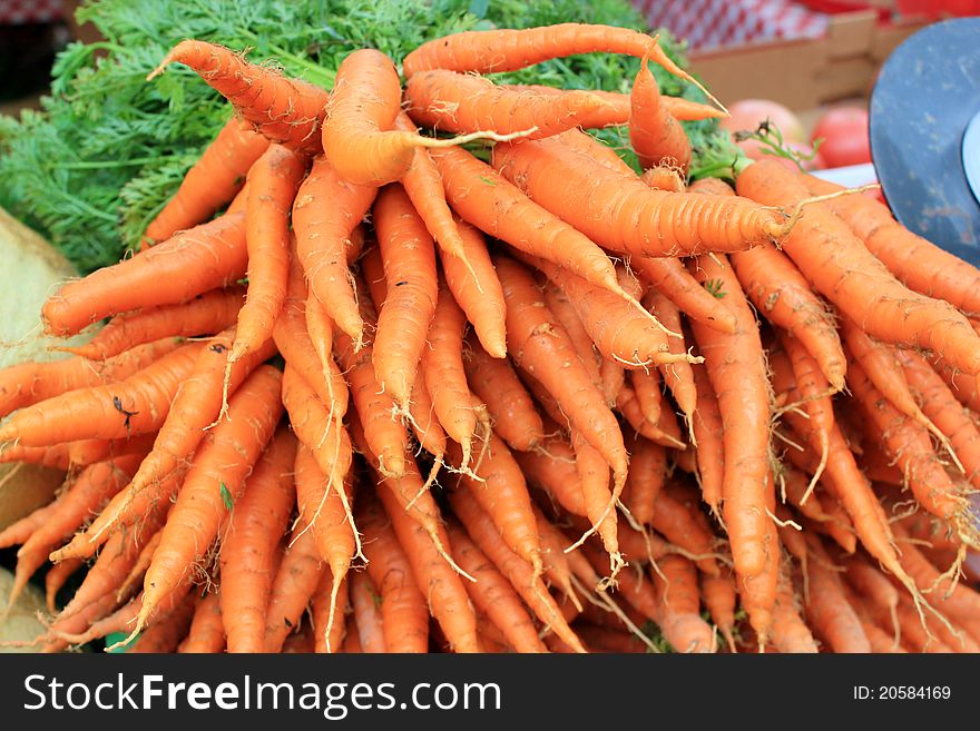 Several bunches of freshly dug carrots for sale at a farmer's market. Several bunches of freshly dug carrots for sale at a farmer's market