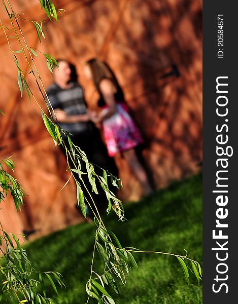 A blurred image of a young couple standing beside a barn with branches of a willow tree in the foreground. A blurred image of a young couple standing beside a barn with branches of a willow tree in the foreground