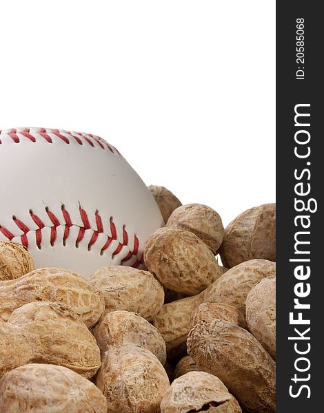 Nuts Peanuts on a table together with a baseball ball.