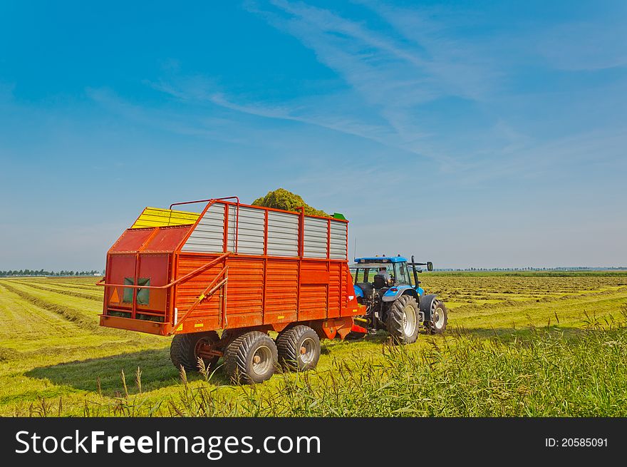 Collecting grass with tractor and silage wagon