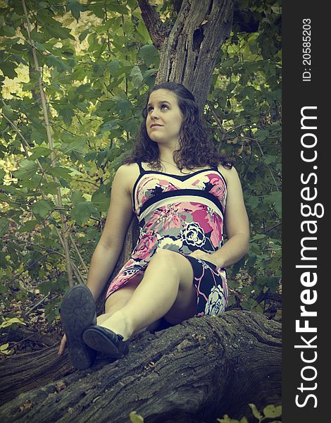 A vintage-style photo of a young woman reclining on a tree branch. A vintage-style photo of a young woman reclining on a tree branch.