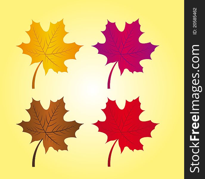 Gold, violet,brown and red autumn leaves over orange background. vector