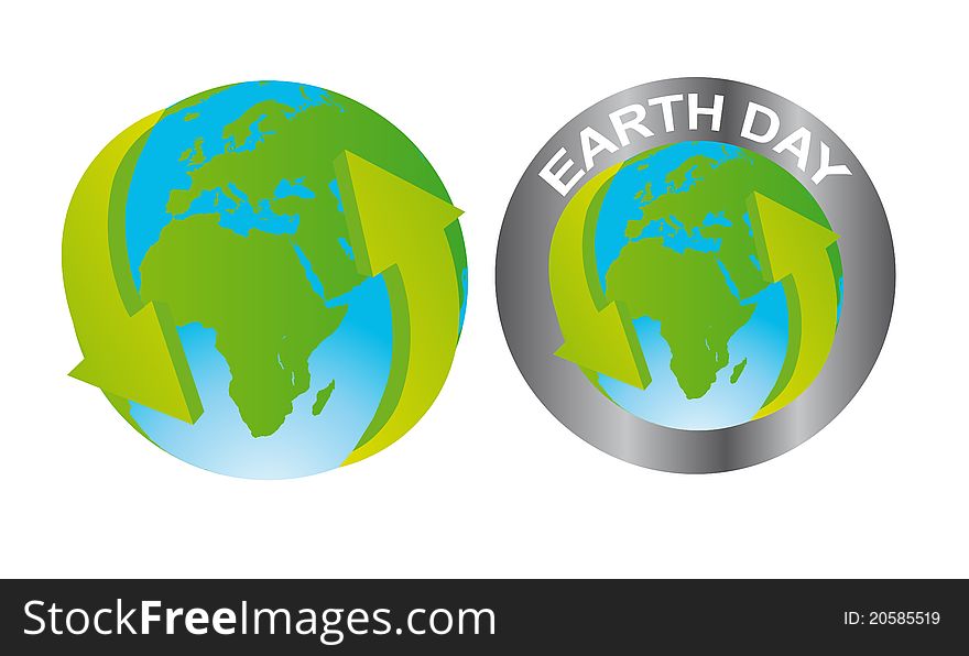 Green and blue earth with green arrow isolated over white background. Green and blue earth with green arrow isolated over white background