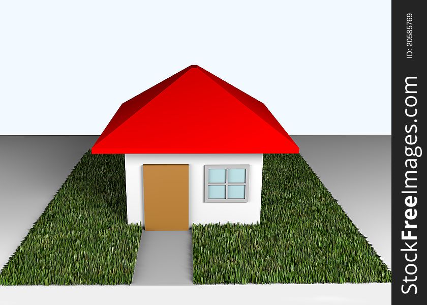 3D Home red roof on green grass.