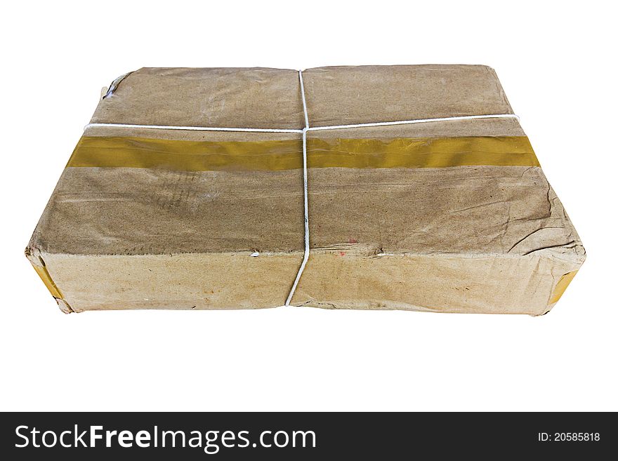 Packing old box tied with a rope on a white background