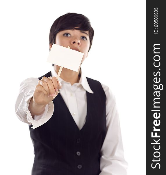 Mixed Race Young Adult Female Holding Blank White Sign in Front of Her Isolated on a White Background. Mixed Race Young Adult Female Holding Blank White Sign in Front of Her Isolated on a White Background.