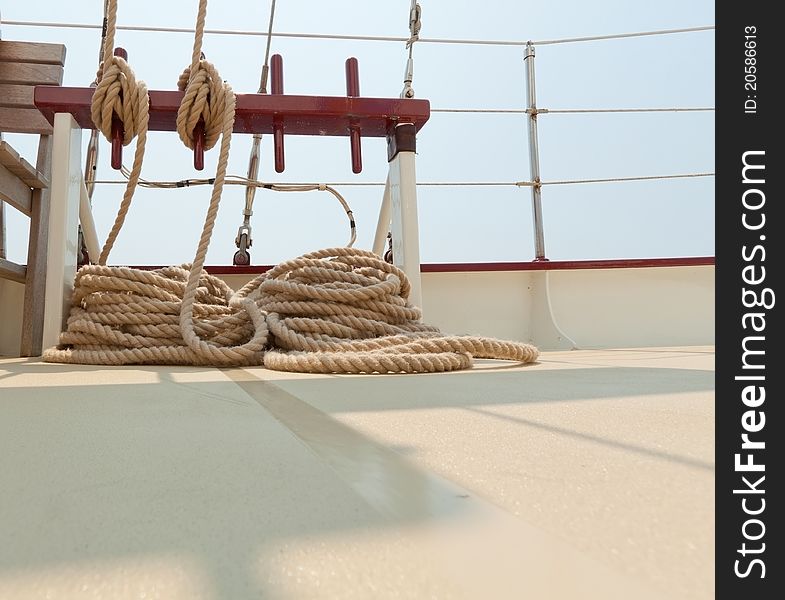 Coiled Rope Rigging On A Sailboat Deck.