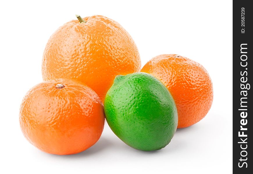 Orange, tangerine and lime isolated on white background