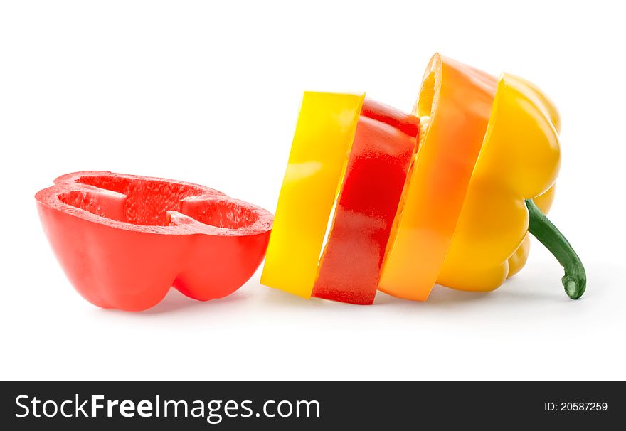 Color parts of bulgarian pepper isolated on white background