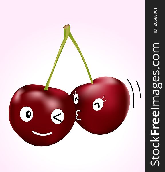 Image of couple of cherries with cute face expression. Image of couple of cherries with cute face expression
