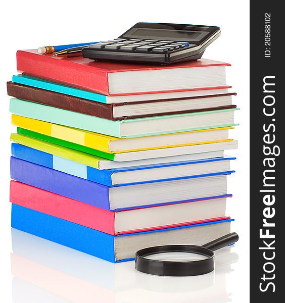 Pile of books and pens isolated on white background. Pile of books and pens isolated on white background