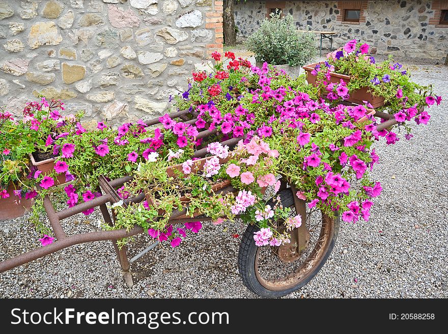 Wheelbarrow for the garden filled with flower pots in a tranquil countryside scene. Wheelbarrow for the garden filled with flower pots in a tranquil countryside scene.