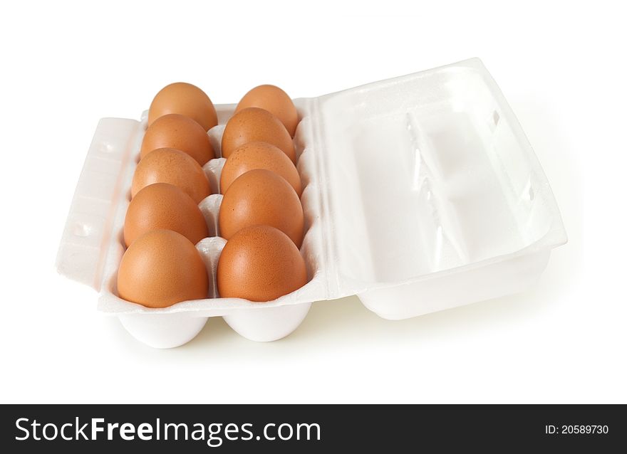 Ten brown eggs in a plastic package